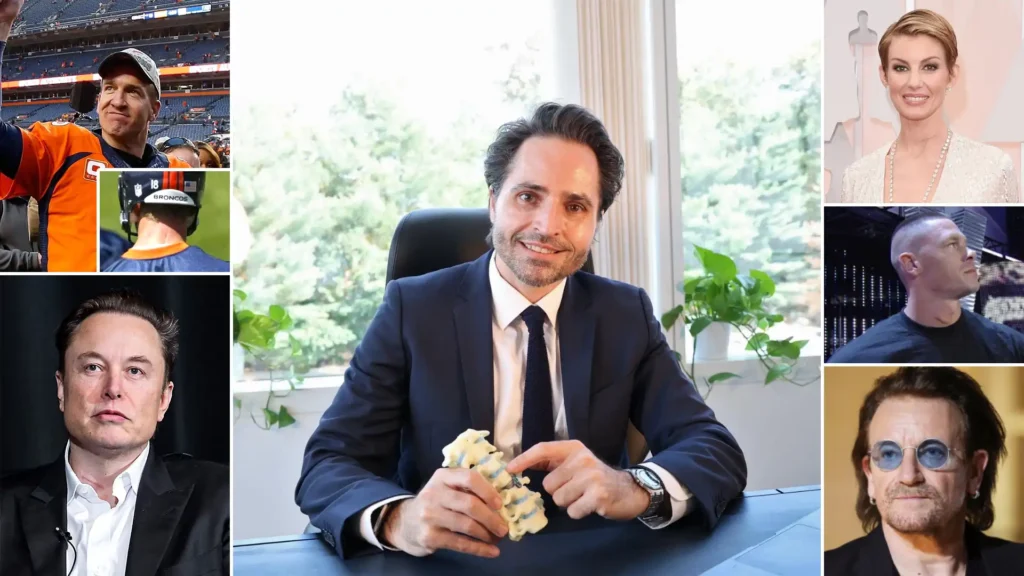 Neurosurgeon, Dr. Geoff Appelboom pointing at a cervical spine model. On either side of him is images of celebrities such as Peyton Manning, Elon Musk, Faith Hill, and John Cena who needed ACDF Cervical Spine Surgery