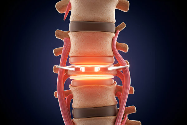 Medical illustration comparing Artificial Disc Replacement vs spinal fusion, showing a spinal disc implant placed between vertebrae to support motion and relieve disc-related pain.