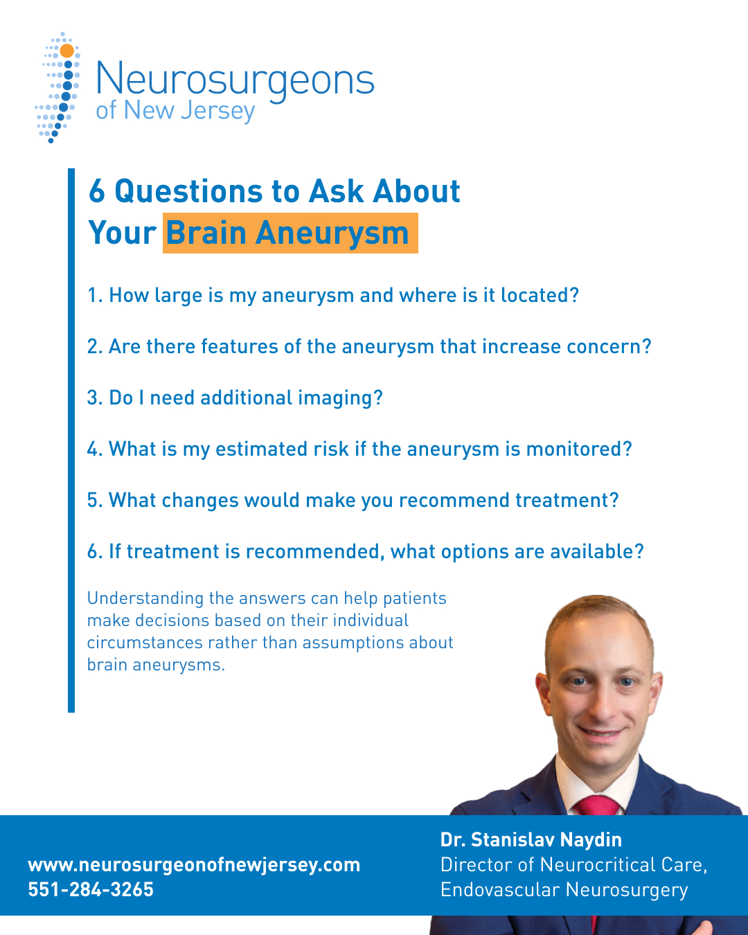 Infographic from Neurosurgeons of New Jersey listing six questions to ask a doctor about a brain aneurysm, including its size, rupture risk, monitoring, and treatment options.