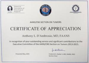 Dr. D'ambrosio's certificate of appreciation from professional organization for brain tumor research and treatment