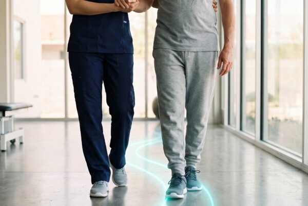 A physical therapist helps a male patient walk after a lumbar fusion.
