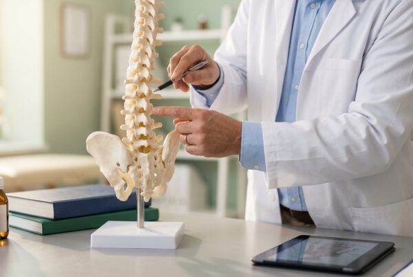 Doctor pointing to a spine model, explaining lumbar stenosis.