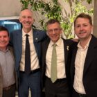 eurosurgeons of New Jersey physicians Dr. Michael Kaiser, Dr. Richard Anderson, and Dr. David Estin with Dr. Caleb Rutledge at the 2026 Society of University Neurosurgeons meeting in Lima, Peru.