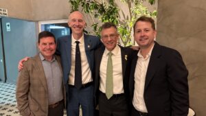eurosurgeons of New Jersey physicians Dr. Michael Kaiser, Dr. Richard Anderson, and Dr. David Estin with Dr. Caleb Rutledge at the 2026 Society of University Neurosurgeons meeting in Lima, Peru.