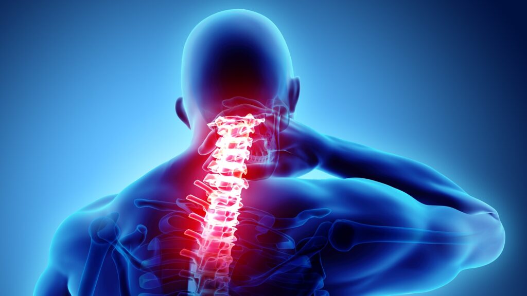 3D illustration, neck painful - cervical spine skeleton x-ray, medical concept.