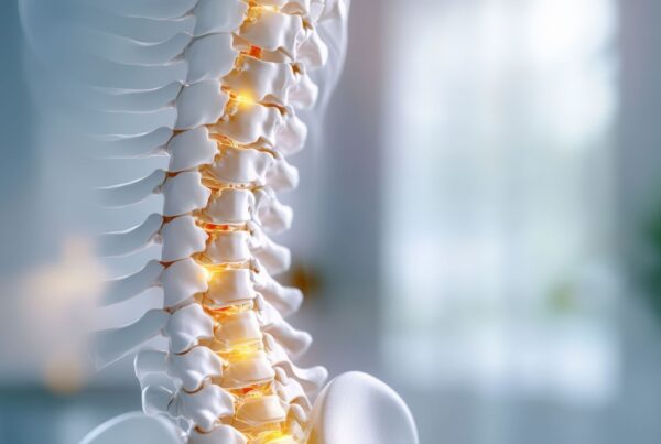 A visual representation of a human spine and hips with highlighted areas indicating pain.