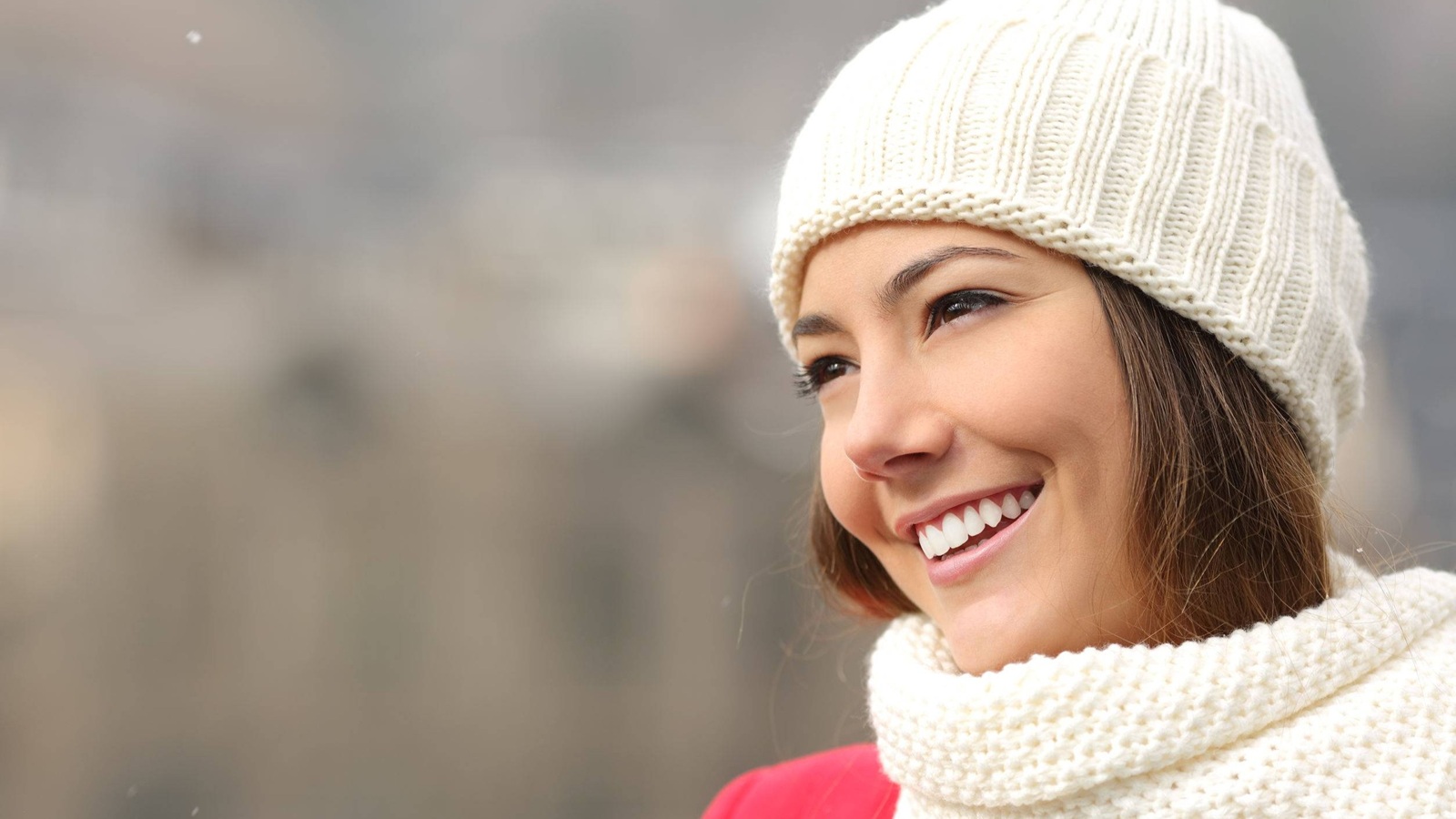 Candid girl with white teeth and smile in winter