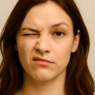Woman with one eye tightly shut and the corresponding side of her mouth contracted.