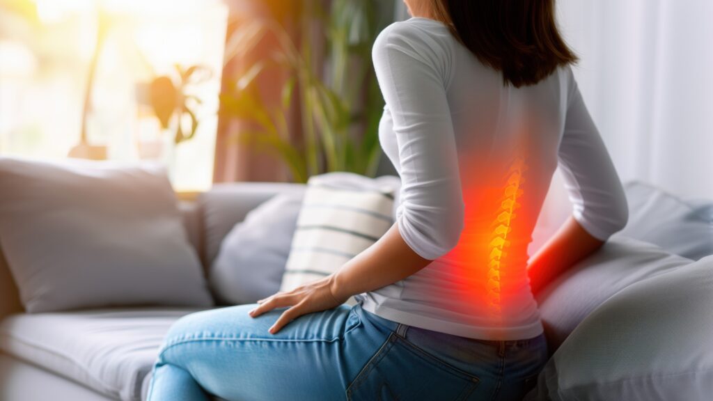 Lumbar intervertebral spine hernia, woman with back pain at home.