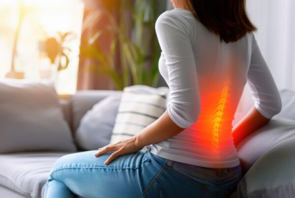 Lumbar intervertebral spine hernia, woman with back pain at home.