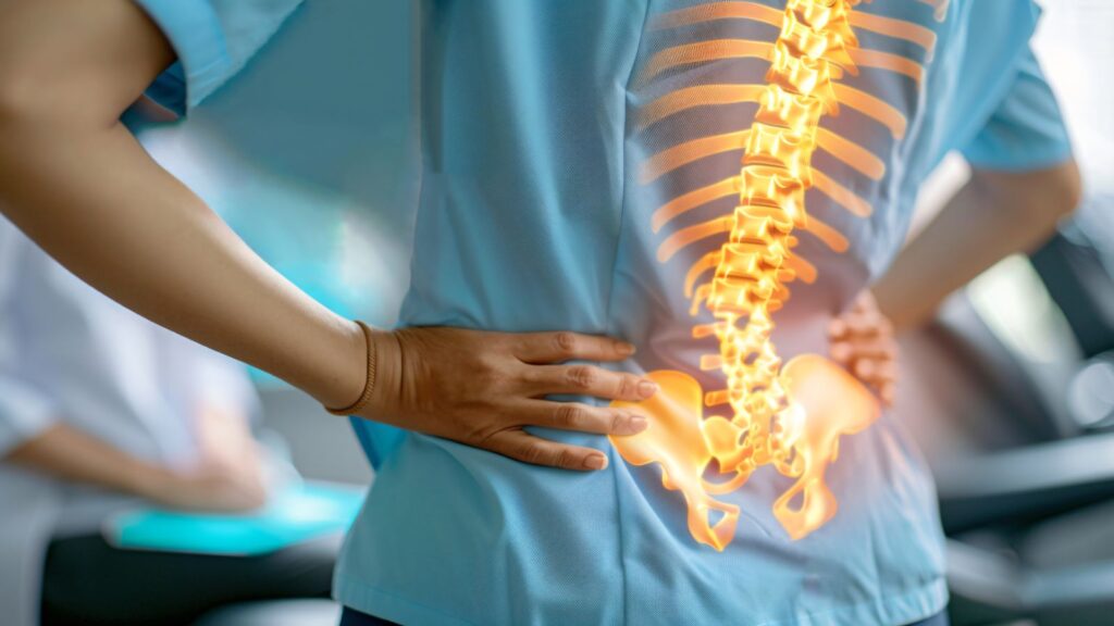 Patient is feeling hip pain while talking to a doctor.