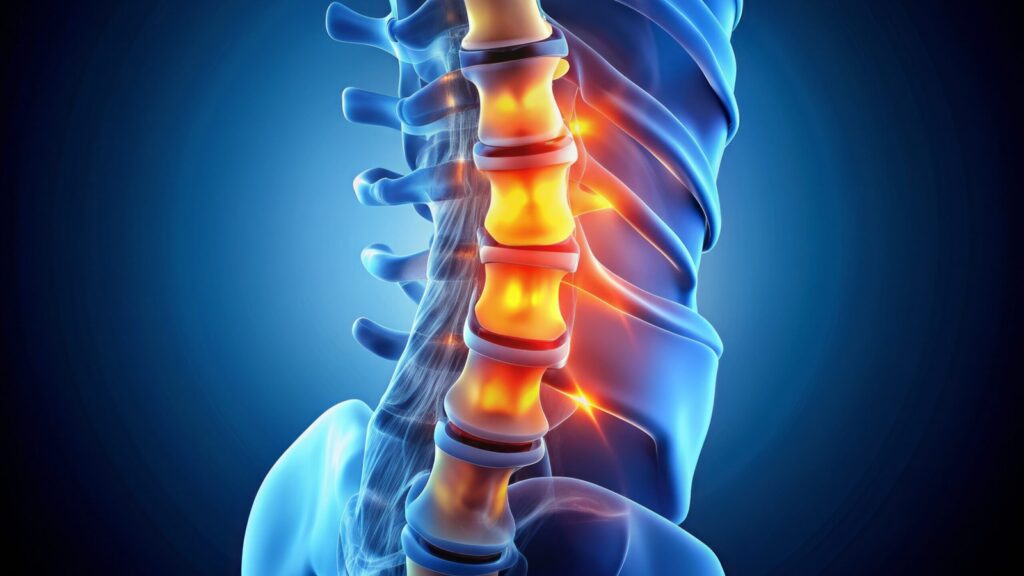 Illuminated 3D model of a lumbar spine showing a herniated disc fragment compressing a spinal nerve, surrounded by vertebrae.
