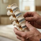 Doctor using a spine model to explain Lumbar Laminectomy and Fusion.