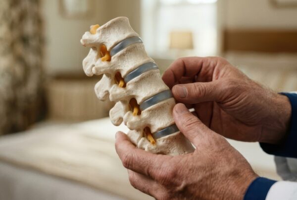 Doctor using a spine model to explain Lumbar Laminectomy and Fusion.