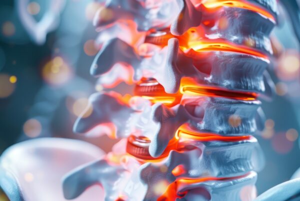 Zoomed-in illustration of inflamed lumbar spinal discs