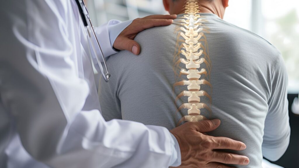 Doctor checking medical examination of spine on man's back and neck, as a check in after spinal fusion.