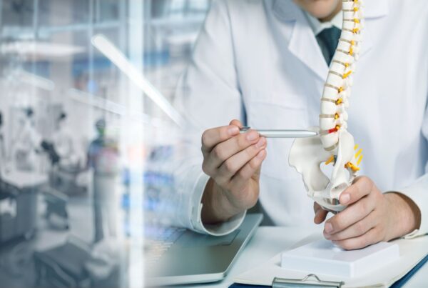 Doctor talking to patient about spine surgery.