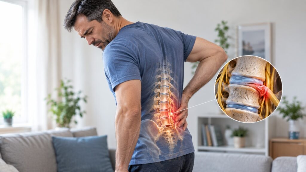 Middle aged man holding painful lower back region with highlighted herniated disc illustration.