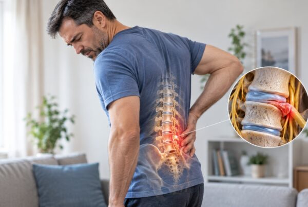 Middle aged man holding painful lower back region with highlighted herniated disc illustration.
